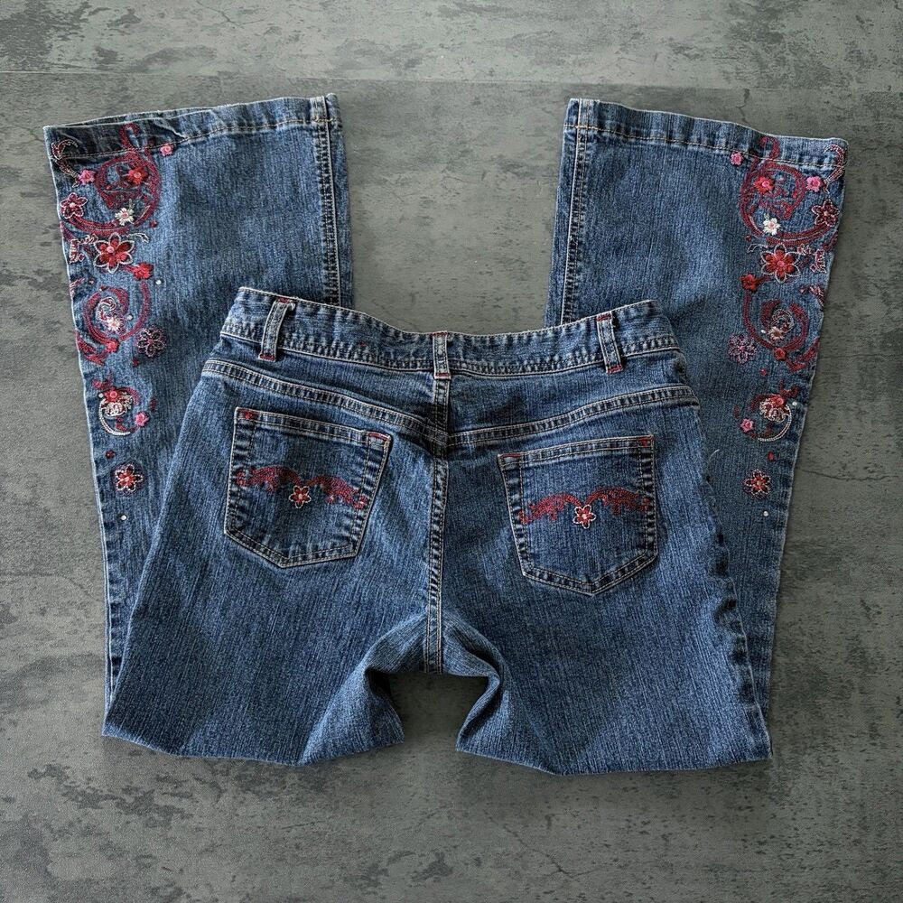 Vintage Y2K Bongo Low Rise Flare Bootcut Jeans Red Flower Embroidered Sz 12 28''